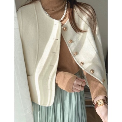 白/粉色韩系大衣小小幸运纯羊毛