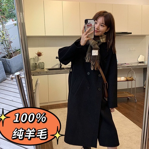Демисезонное двусторонное кашемировое шерстяное шерстяное пальто, бархатная черная длинная альпака