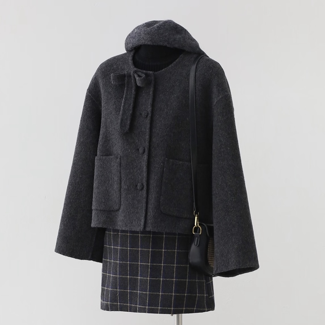 小小幸运2025秋冬新款双面羊绒大衣女100%纯羊毛呢外套蝴蝶结短款