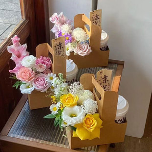 盒花店材料 彩色奶茶盒青花手提袋插花盒花艺鲜花包装 花喜爱