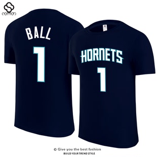 夏洛特黄蜂1号T恤拉梅洛鲍尔篮球三球球衣短袖宽松运动短袖男休闲