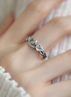 新中式足银999 复古浮雕樱花小狐狸开口纯银戒指女古风精美可