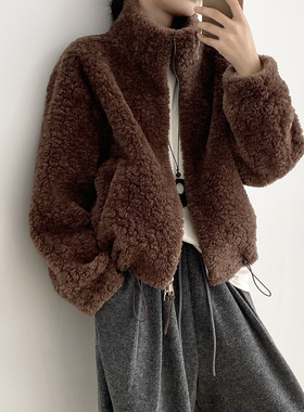 言双 韩系立领短款羊羔毛外套女 冬季百搭气质保暖开衫上衣H8567