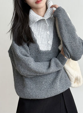 言双 拼色翻领毛衣针织衫女 冬季韩系高级感时尚软糯上衣P6623