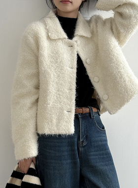 言双 羽绒内胆小香风外套女冬季气质翻领单排包扣羊羔毛外套H8722