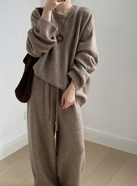 言双 软糯宽松套头毛衣套装裤女秋冬韩系休闲针织长裤两件套P1015