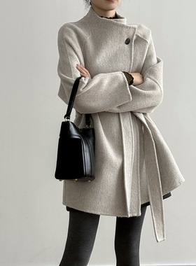 言双 立领羊毛呢大衣外套女冬季韩系高级感系带收腰显瘦上衣N8511