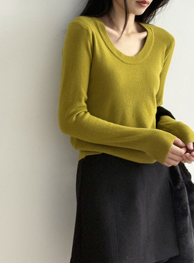 言双 韩系U领内搭长袖针织衫女 冬季气质时尚设计感软糯上衣P275