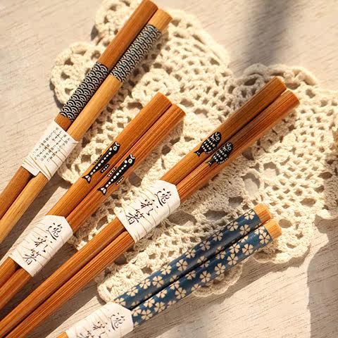 日式和风素雅个性创意竹筷子情侣筷鱼纹祥云图案樱花纹饰日用餐具