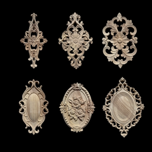 欧式贴花实木雕刻花片东阳木雕镂空门心雕花椭圆家具柜门装饰心花