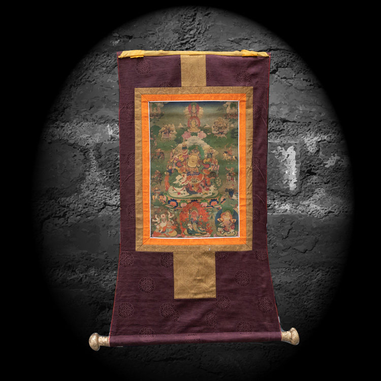 清代藏传新勉塘画派财宝天王老唐卡手绘老唐卡供奉摆件壁挂收藏品