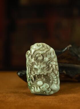 文玩精品清代天然老翡翠精雕三爪螭龙挂牌挂件项链吊坠精品收藏品