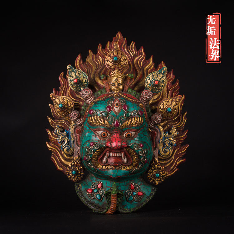 藏传满工镶嵌红绿宝石绿松石彩绘玛哈嘎啦护法大壁挂摆件