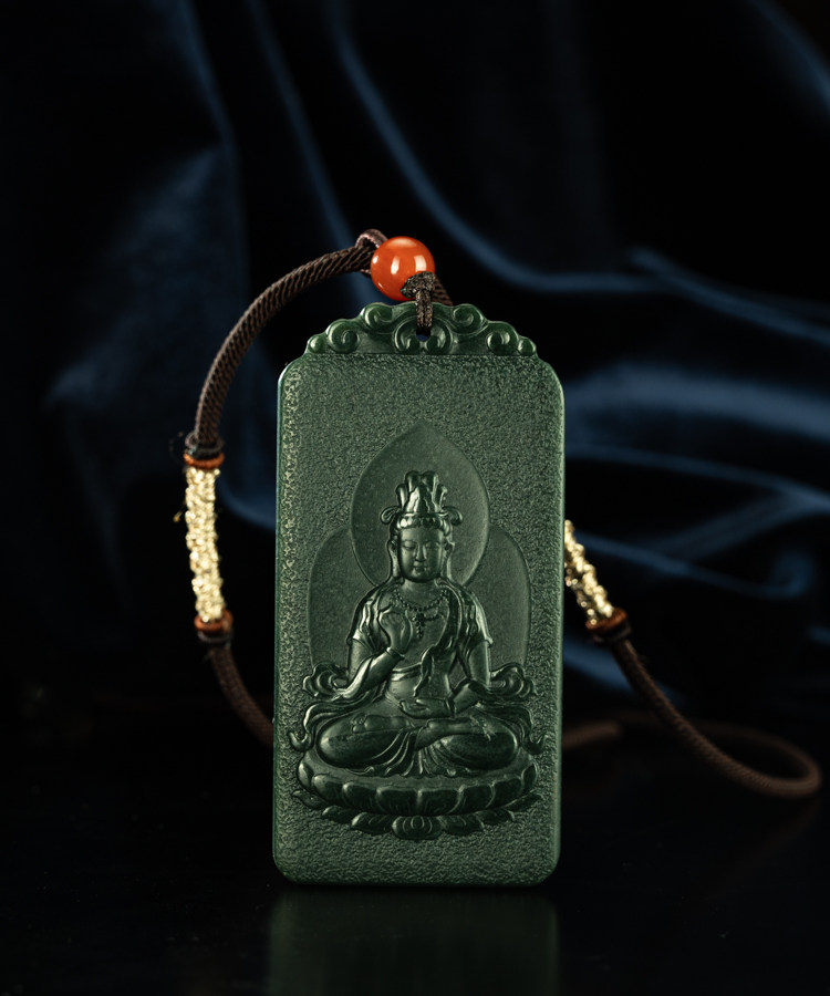 和田青花墨玉苏工精雕自在莲花观音玉牌老佛牌挂件项链吊坠收藏品