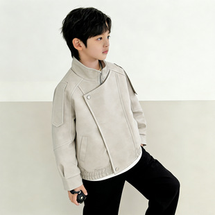 儿童皮衣外套2026春季 拼接立领外套韩系宽松夹克中小男童外套 新款