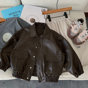 2026春装 纯色翻领夹克宝宝百搭翻领外套 儿童帅气皮衣外套男童韩版