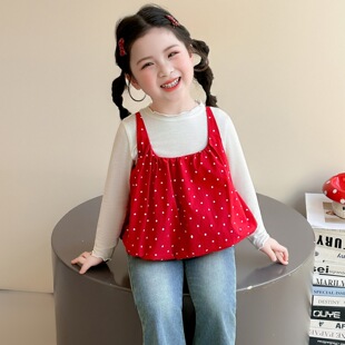女童超好看红色套装春装2026新款儿童圆点衣服春秋季女宝吊带背心