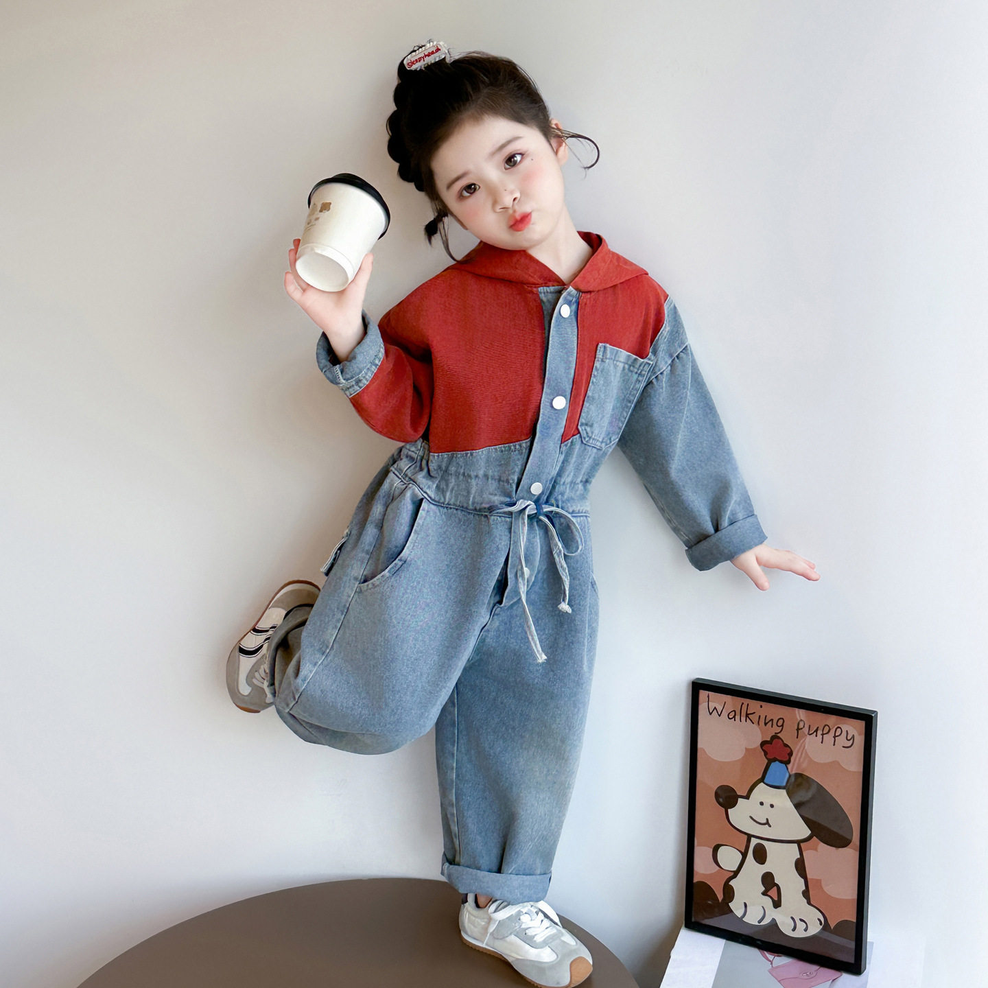 女童拼接牛仔连体裤连帽撞色韩版宽松春款连身长裤春装男童女孩潮,童装/婴儿装/亲子装,裤子,淘宝优惠券,粉丝福利购,淘宝优惠卷