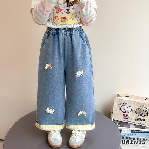 女童秋装牛仔裤2026新款小女孩卡通蝴蝶结猫咪裤子儿童秋季阔腿裤