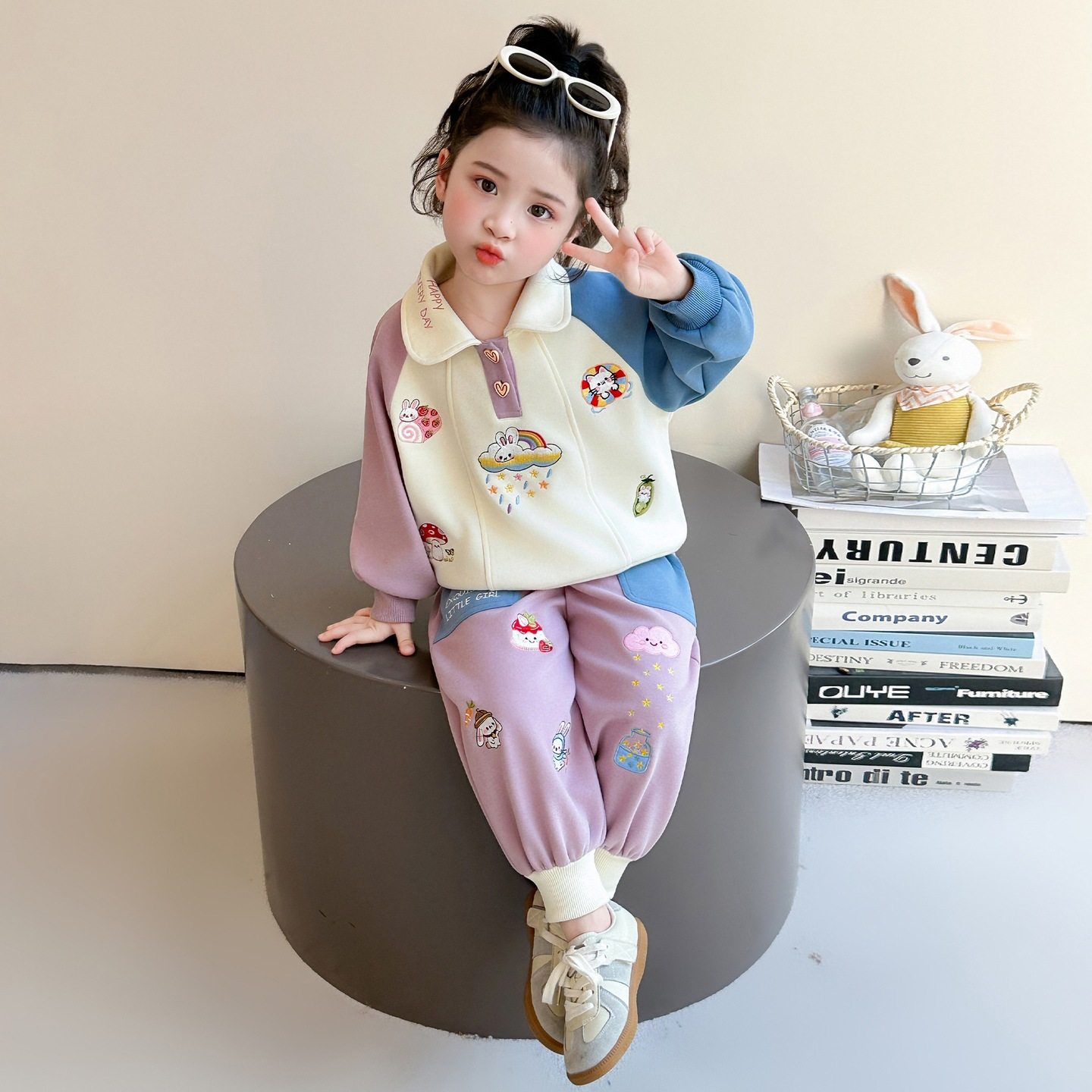 女小童拼色套装春秋款2026儿童翻领卡通卫衣春装女宝宝运动两件套,童装/婴儿装/亲子装,儿童运动套装,淘宝优惠券,粉丝福利购,淘宝优惠卷