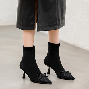 一代佳人2025冬新款时尚高跟短靴女蝴蝶结豹纹尖头细跟弹力瘦瘦靴