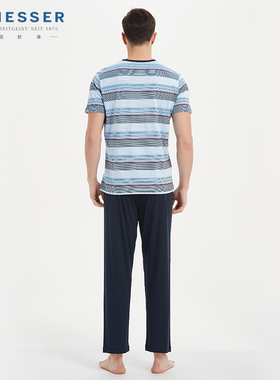 德国舒雅透气休闲男装V领短袖长裤套装青年男士家居自然39-17535H