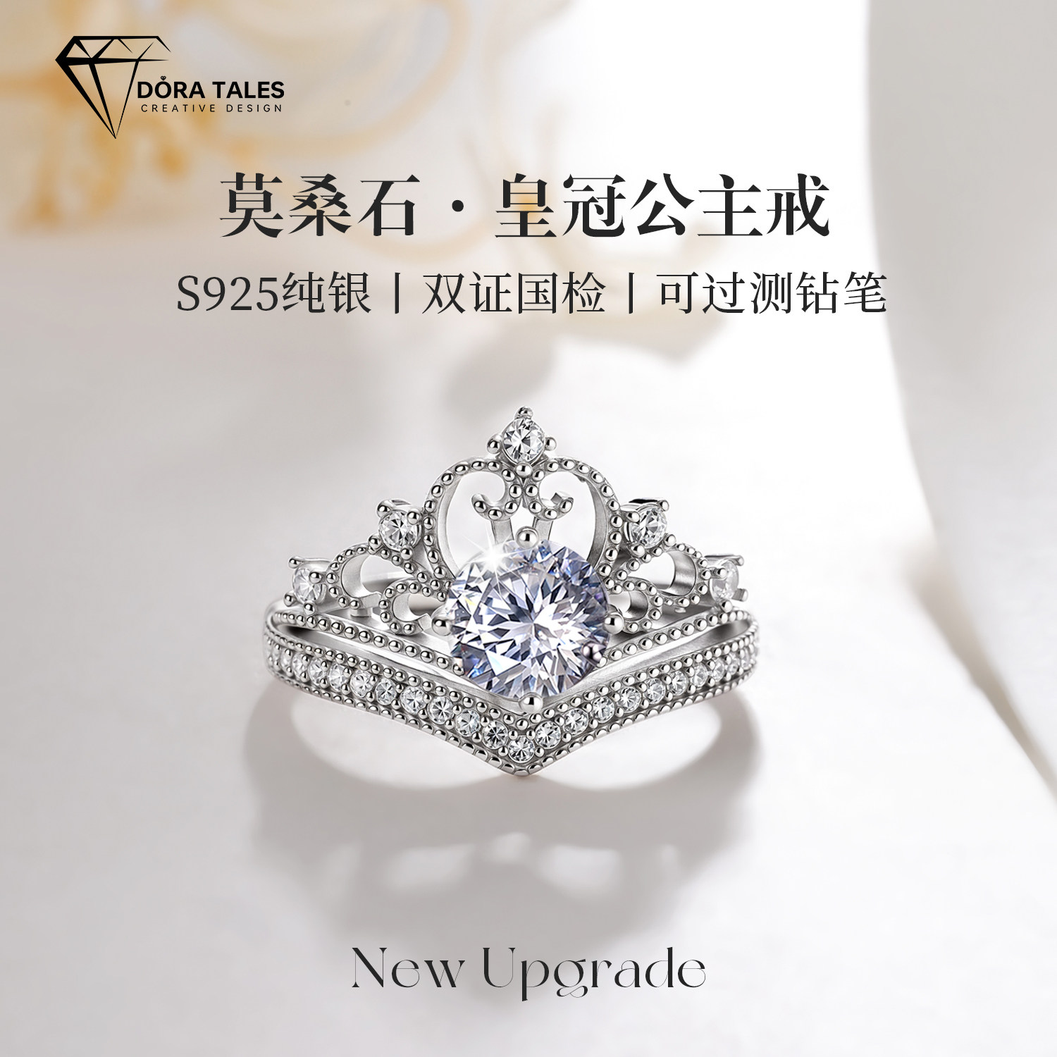 在逃公主戒指莫桑石可调节开口戒小众高级感S925纯银皇冠莫桑钻戒图片