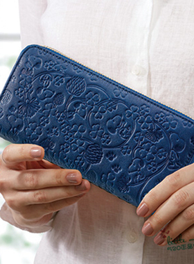 日本代购 Snoopy史努比 时尚蓝色牛皮长款钱包