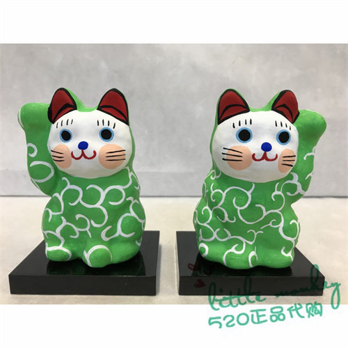 日本代购 绿色招财猫 匠人手工 传统和风和纸开运招福摆件装饰