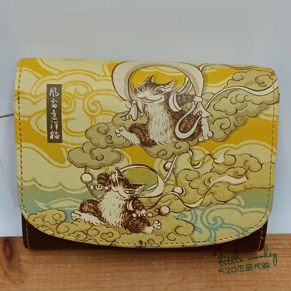日本代购 达洋猫 风神雷神 和风 时尚牛皮折叠短款钱包