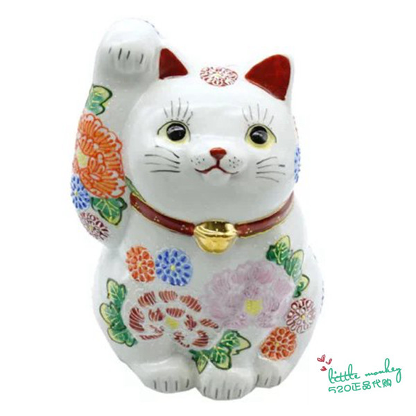 日本代购 招财猫 九谷烧 白色 繁花 陶瓷开运招财日式摆饰