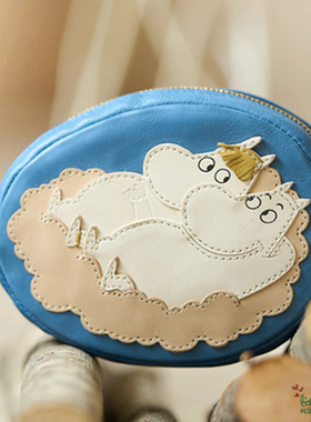 日本代购 Moomin精灵姆明 时尚蓝色牛皮化妆包零钱包小物收纳包