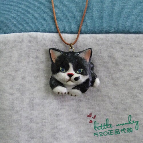 日本代购 白黑猫 小猫咪 匠人手工 可爱 陶器和纸 吊坠 项链