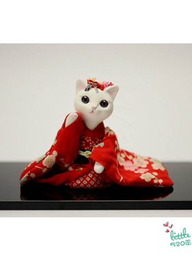 日本代购 招财猫 白猫 红色和服 匠人手工 传统和风 日式特色摆件
