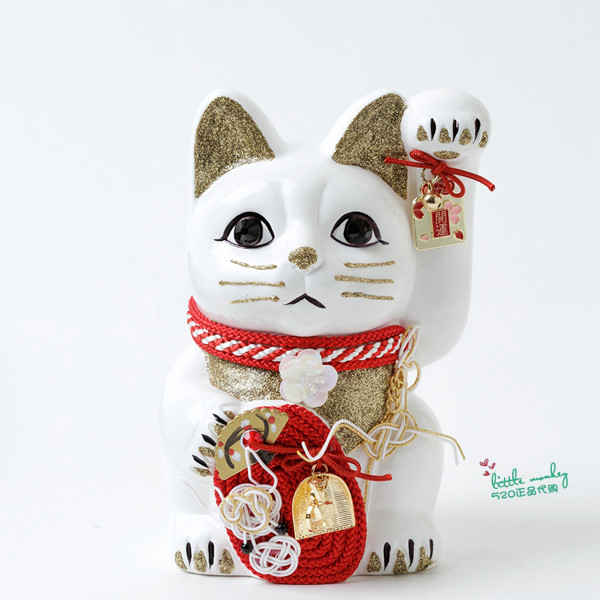 日本代购 招财 猫 福牌 白色 职人手工 贴钻 陶制 开运日式摆饰