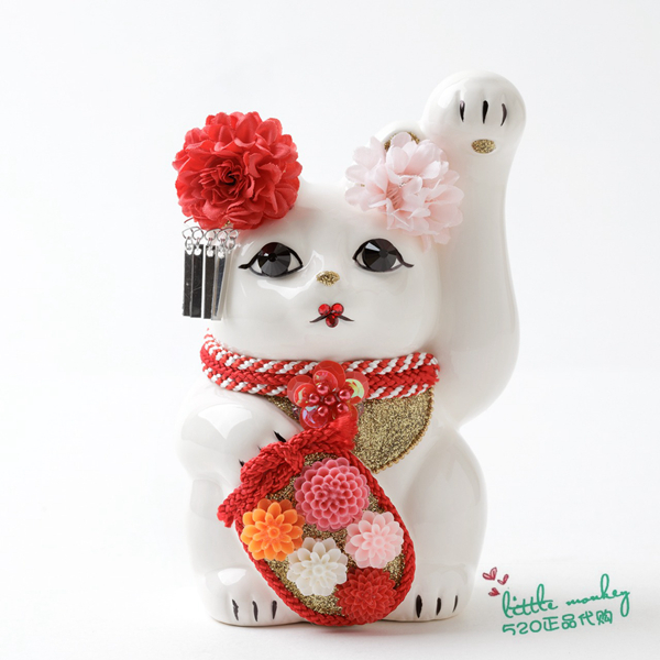 日本代购 招财猫 白色 红花 职人手工 贴钻 精致陶制开运日式摆件