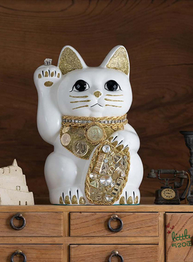 日本代购 白色招财猫 手工贴钻 和风 陶瓷开运收银台摆件开业礼物