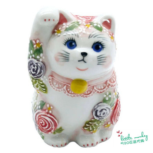 日本代购 招财猫 蓝眼 粉色蕾丝项圈 手工手绘 陶瓷开运日式摆件