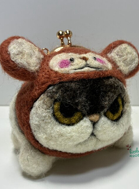 日本代购 猫咪 生肖猴年 职人手作治愈羊毛制零钱包小物收纳包