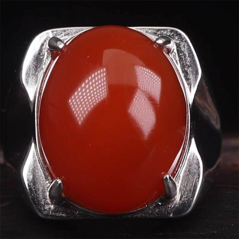 天然保山南红玛瑙 无裂原矿柿子红戒面925银镶嵌男士戒指 10.37克