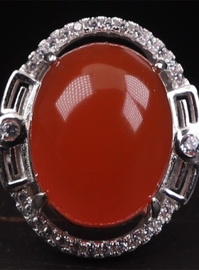 天然保山料南红玛瑙 无裂原矿冰红戒面戒指女款 925银镶嵌 5.89克