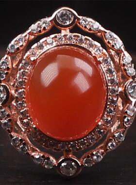 天然保山南红玛瑙 无裂原矿冰红冰粉蛋面女款戒指925银镶嵌3.39克