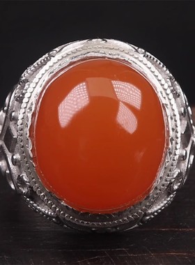 凉山南红 无裂原矿柿子红蛋面 925银镶嵌男款戒指戒面12.98克
