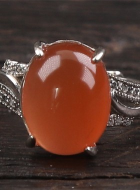 云南保山南红玛瑙 天然无裂原矿冰红戒面925银镶嵌女款戒指3.49克