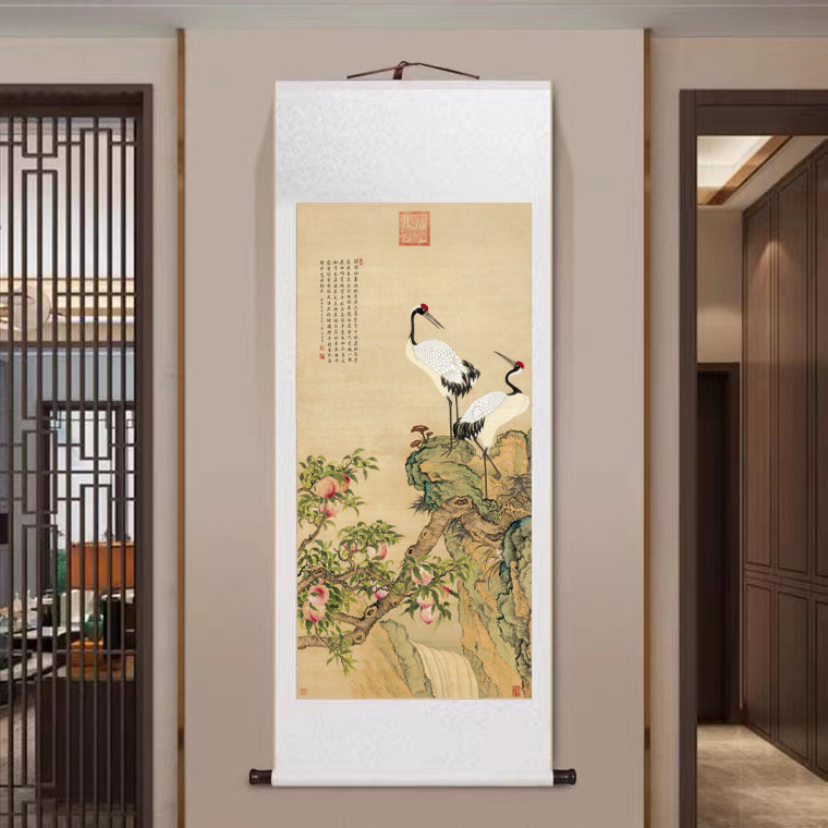 中式仿古挂轴蟠桃图仙鹤挂轴国画复制品高清复古客厅书房玄关装饰
