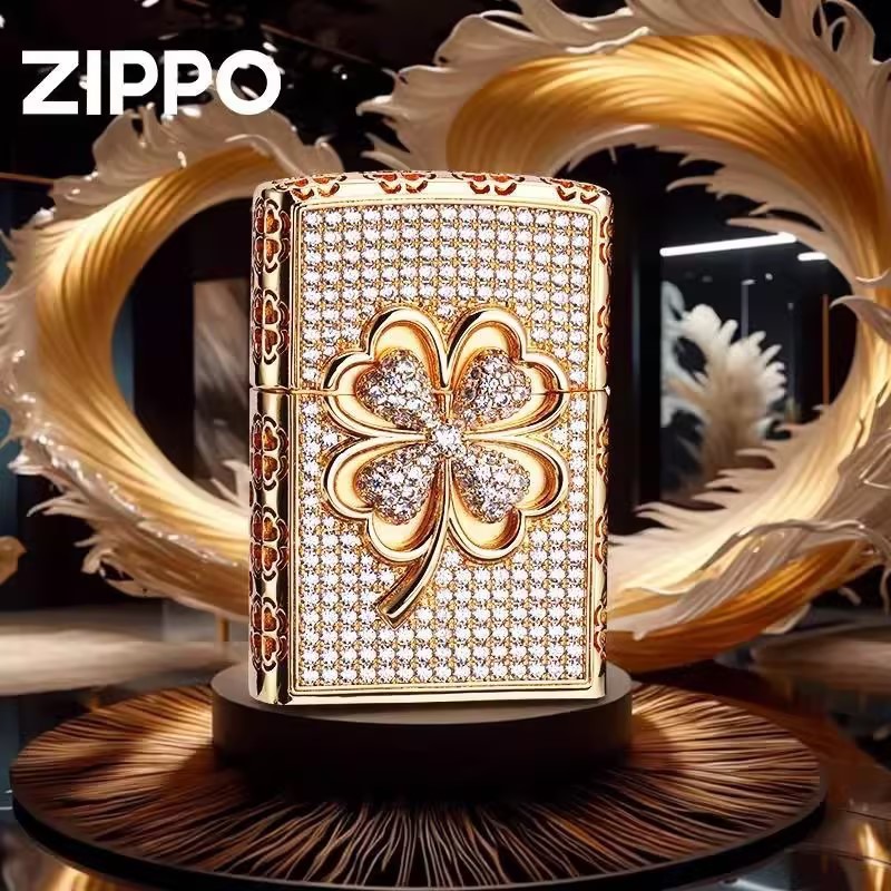 ZIPPO正品满钻四叶草金色限量版防风打火机收藏送礼
