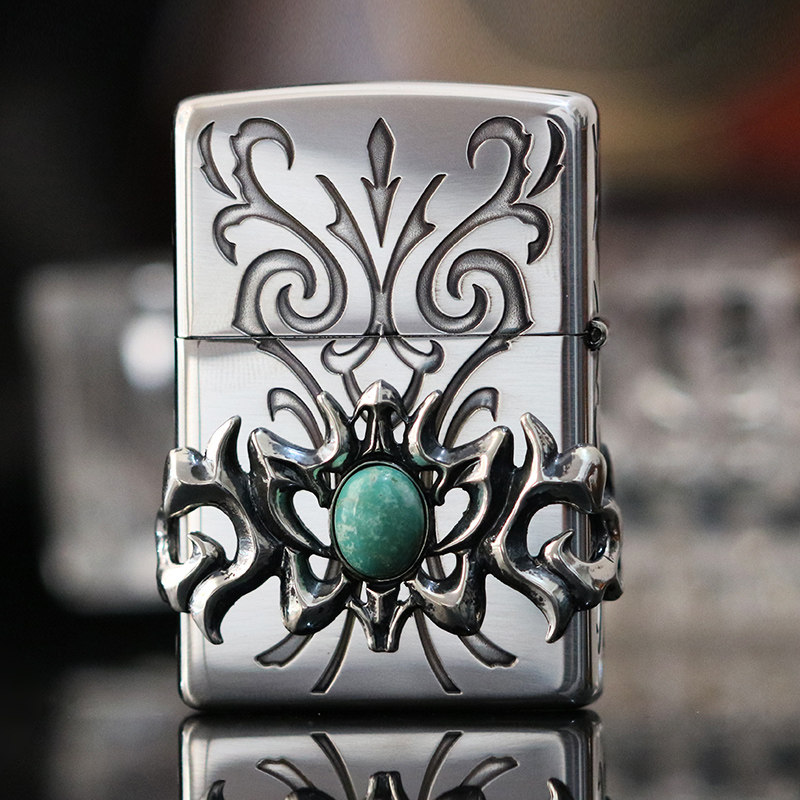 zippo打火机 天然绿松石镶嵌复古花纹贴章雕刻始终如一收藏正版