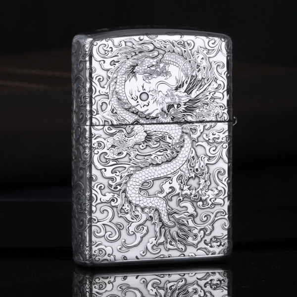 正版Zippo银打火机精雕祥云腾龙吉祥复刻复古招财貔貅收藏级