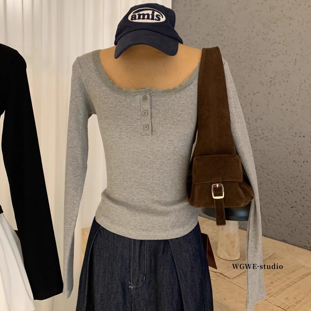 WGWE设计感小众U领正肩长袖T恤