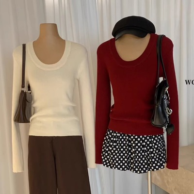 WGWE2025秋冬新款设计感小众高级感U领针织衫毛衣内搭打底上衣女
